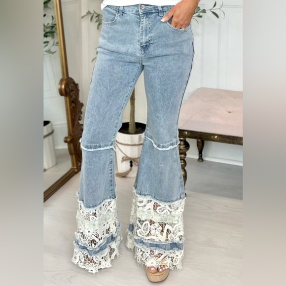 Denim - Lace-Trimmed Blue Jeans